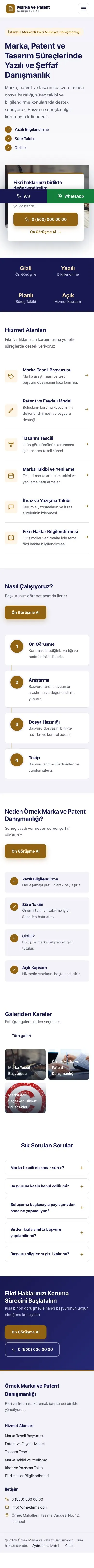 Bölünmüş Lacivert Turuncu – Patent ve Marka Danışmanlığı Web Sitesi mobil görünümü