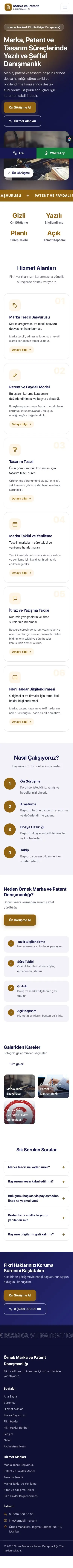 Hareketli Lacivert Turuncu – Patent ve Marka Danışmanlığı Web Sitesi mobil görünümü