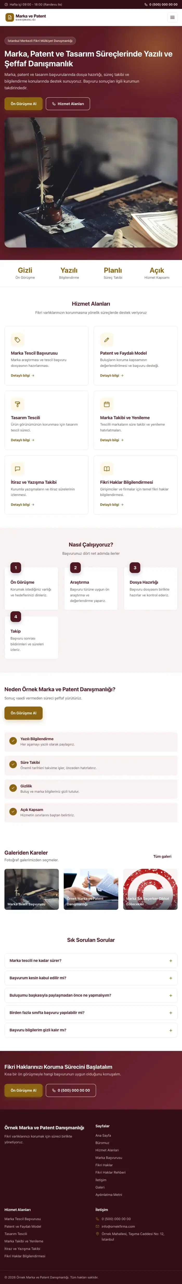 Klasik Bordo Amber – Patent ve Marka Danışmanlığı Web Sitesi tablet görünümü