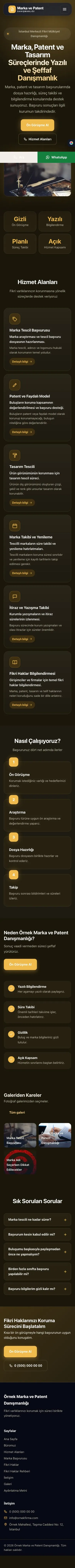 Koyu Modern Kahve Amber – Patent ve Marka Danışmanlığı Web Sitesi mobil görünümü