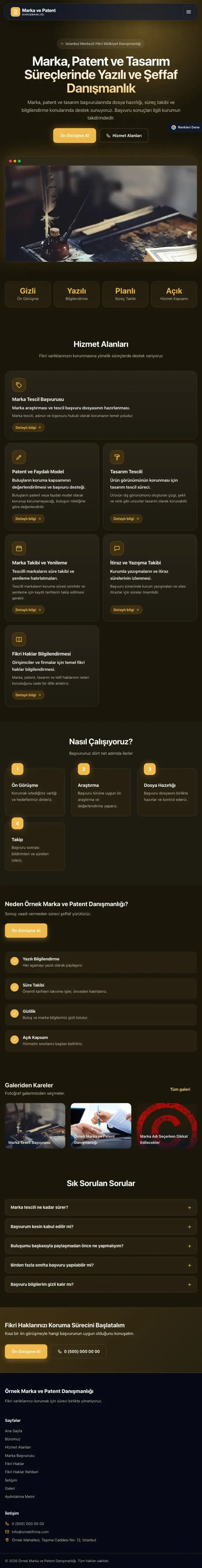 Koyu Modern Kahve Amber – Patent ve Marka Danışmanlığı Web Sitesi tablet görünümü