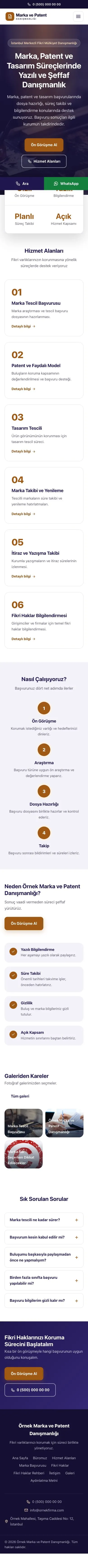 Merkez Lacivert Turuncu – Patent ve Marka Danışmanlığı Web Sitesi mobil görünümü