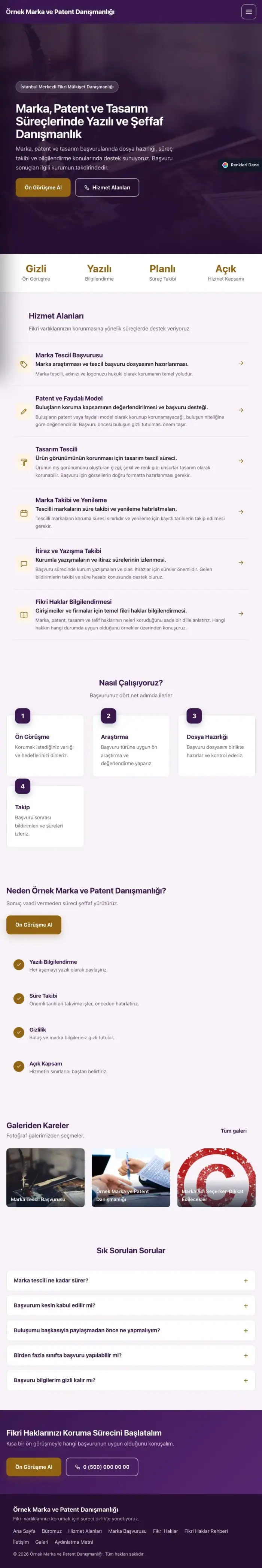 Sol Menü Mor Turuncu – Patent ve Marka Danışmanlığı Web Sitesi tablet görünümü
