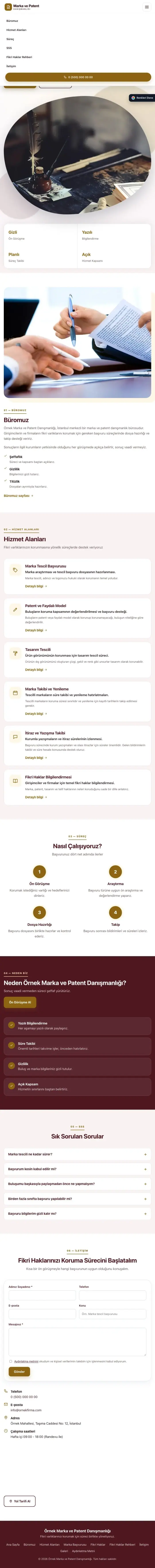 Tek Sayfa Bordo Amber – Patent ve Marka Danışmanlığı Web Sitesi tablet görünümü