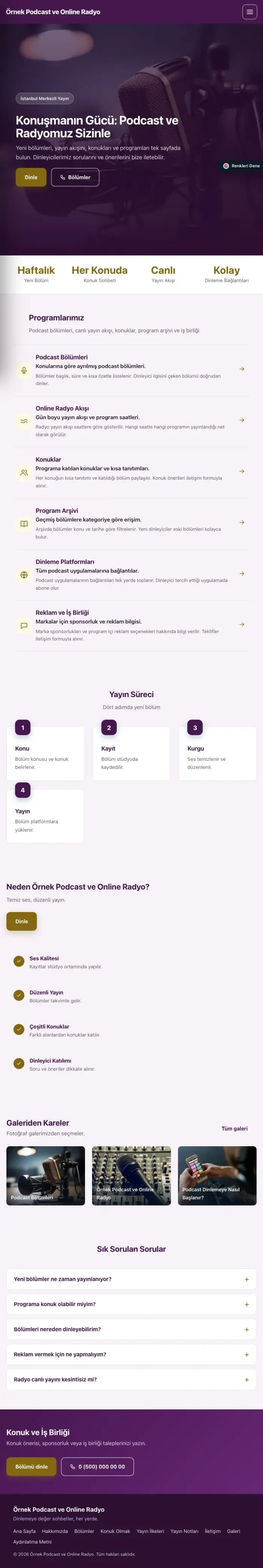 Sol Menü Mor Amber – Podcast ve Radyo Web Sitesi tablet görünümü