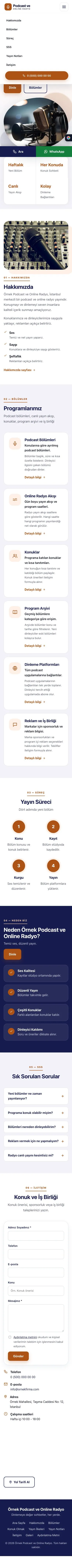 Tek Sayfa Lacivert Turuncu – Podcast ve Radyo Web Sitesi mobil görünümü