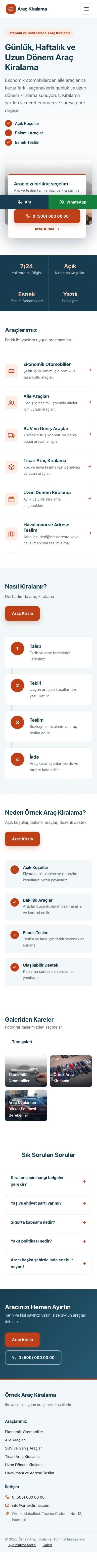 Bölünmüş Mavi Turuncu – Rent a Car Web Sitesi mobil görünümü