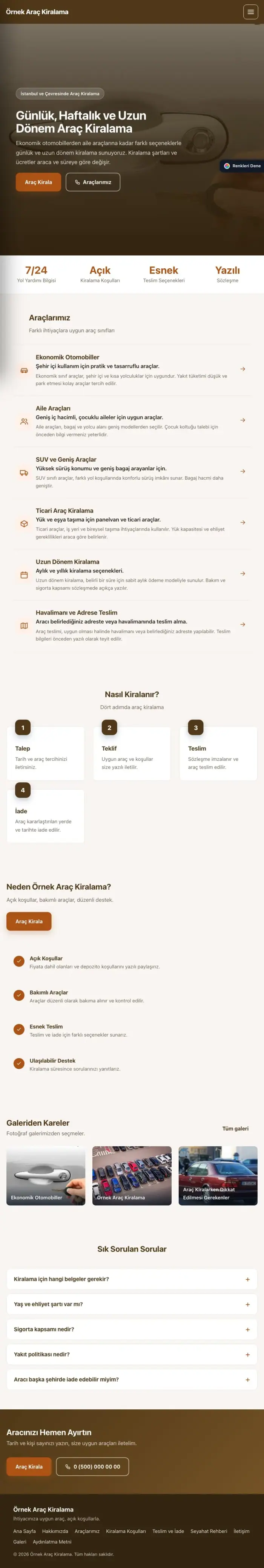 Sol Menü Kahve Turuncu – Rent a Car Web Sitesi tablet görünümü