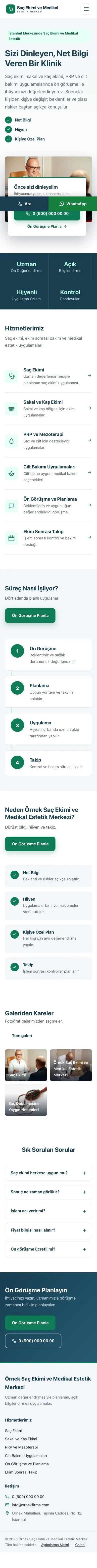 Bölünmüş Mavi Turkuaz – Saç Ekimi ve Medikal Estetik Web Sitesi mobil görünümü
