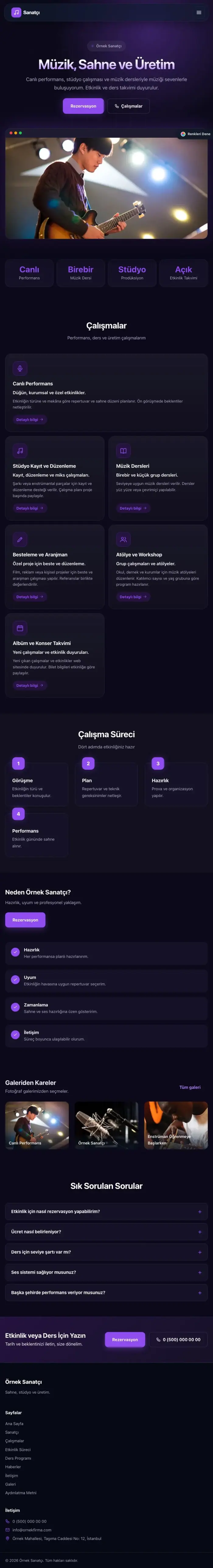 Koyu Modern Lacivert Mor – Sanatçı ve Müzisyen Web Sitesi tablet görünümü