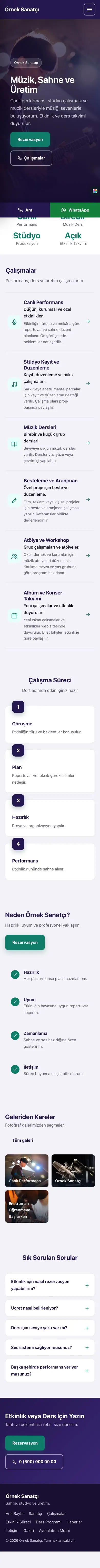 Sol Menü Mor Turkuaz – Sanatçı ve Müzisyen Web Sitesi mobil görünümü