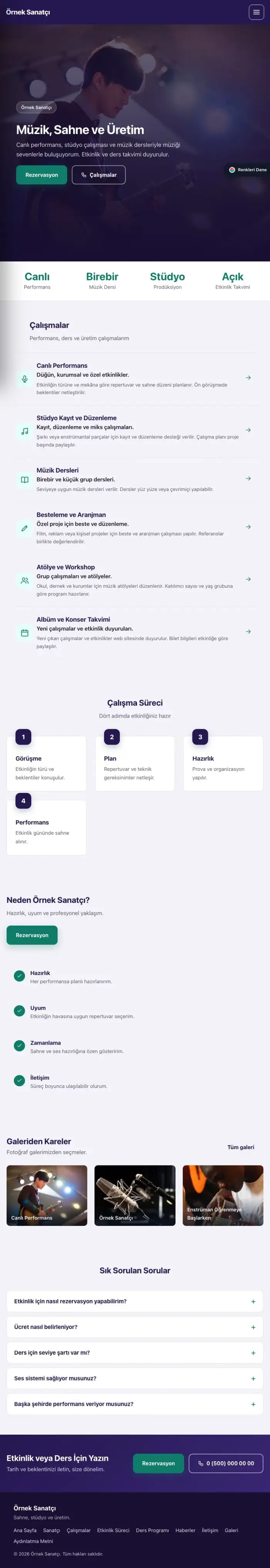 Sol Menü Mor Turkuaz – Sanatçı ve Müzisyen Web Sitesi tablet görünümü