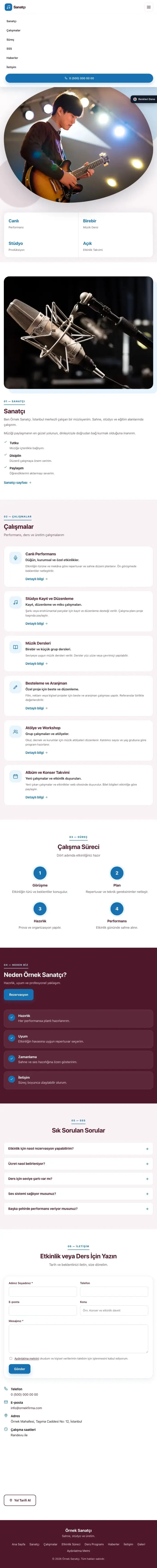 Tek Sayfa Bordo Mavi – Sanatçı ve Müzisyen Web Sitesi tablet görünümü