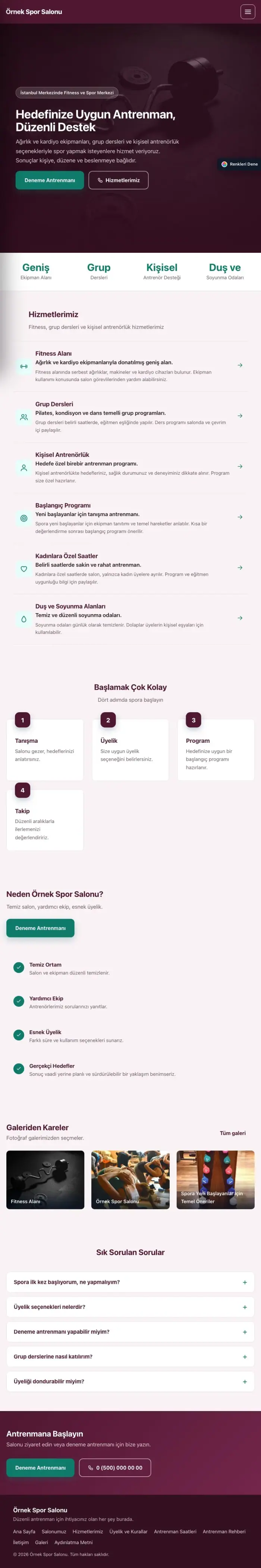 Sol Menü Erik Turkuaz – Spor Salonu Web Sitesi tablet görünümü