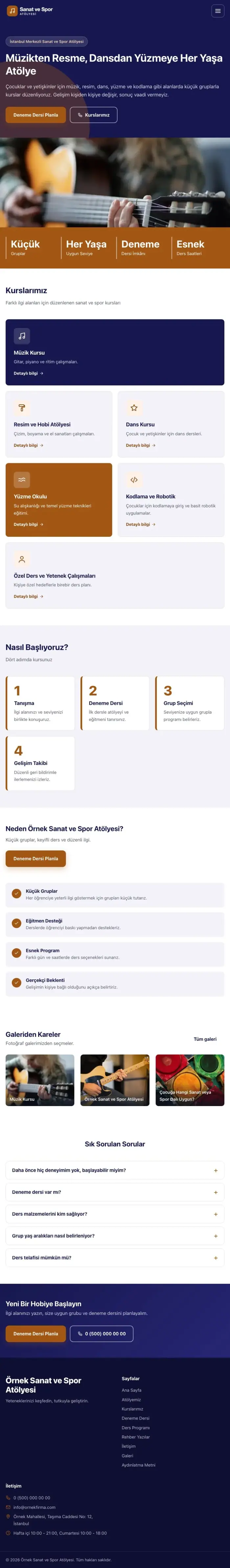 Blok Lacivert Turuncu – Spor ve Sanat Kursu Web Sitesi tablet görünümü