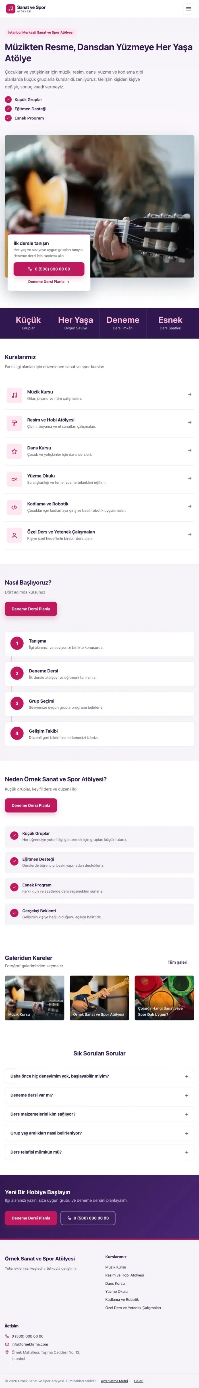 Bölünmüş Mor Pembe – Spor ve Sanat Kursu Web Sitesi tablet görünümü