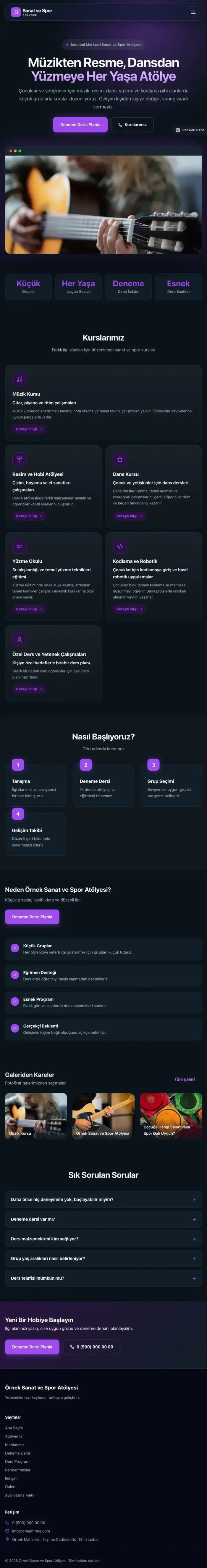 Koyu Modern Mavi Mor – Spor ve Sanat Kursu Web Sitesi tablet görünümü