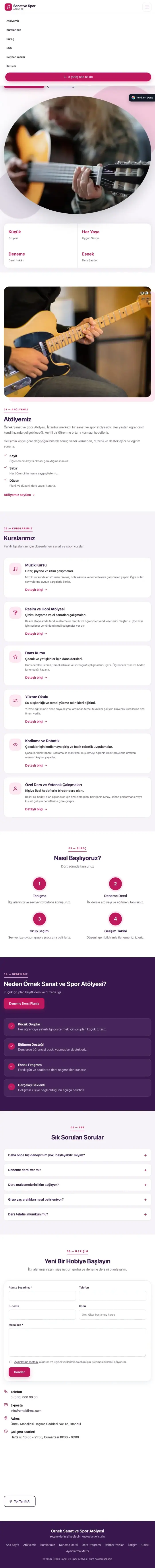 Tek Sayfa Mor Pembe – Spor ve Sanat Kursu Web Sitesi tablet görünümü