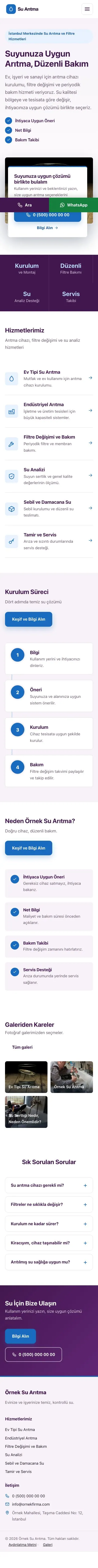 Bölünmüş Mor Mavi – Su Arıtma Web Sitesi mobil görünümü