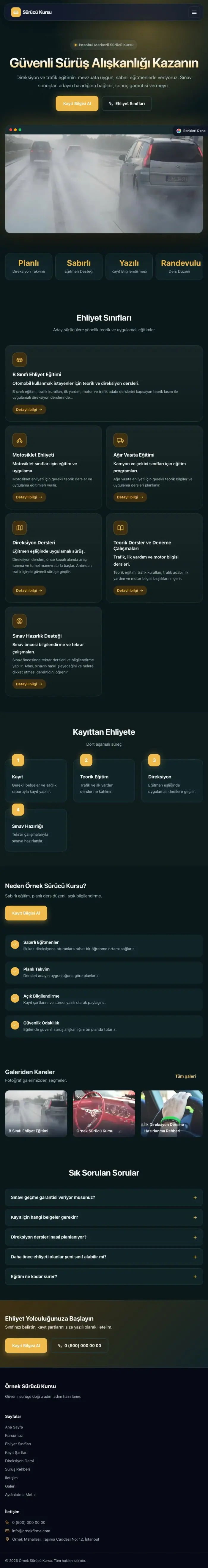 Koyu Modern Petrol Amber – Sürücü Kursu Web Sitesi tablet görünümü
