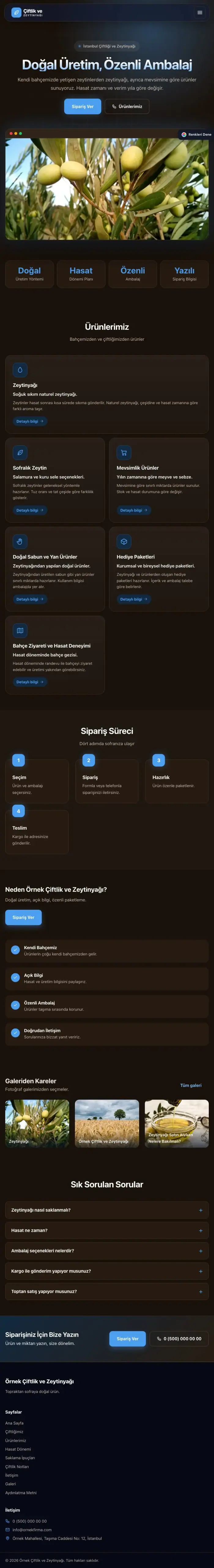 Koyu Modern Kahve Mavi – Tarım ve Zeytinyağı Web Sitesi tablet görünümü