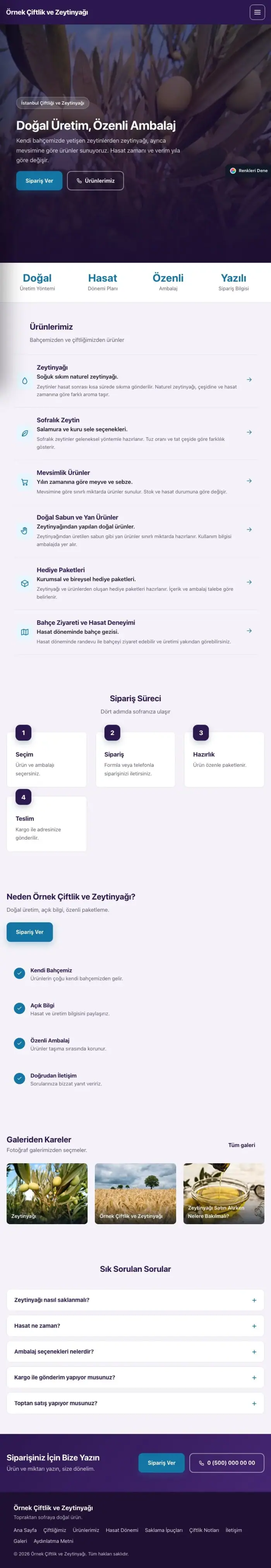 Sol Menü Mor Mavi – Tarım ve Zeytinyağı Web Sitesi tablet görünümü