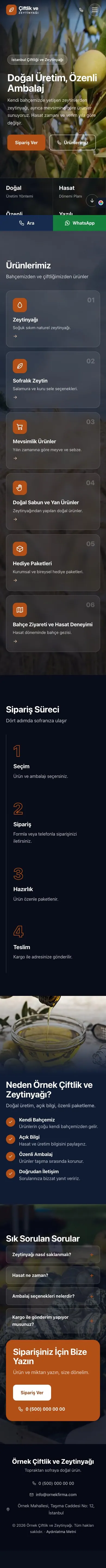 Tam Ekran Mavi Turuncu – Tarım ve Zeytinyağı Web Sitesi mobil görünümü