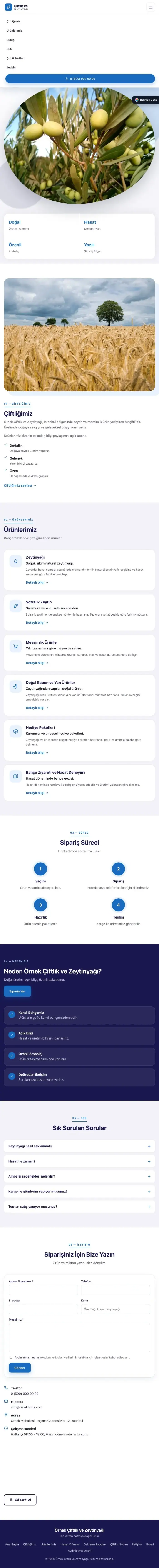 Tek Sayfa Lacivert Mavi – Tarım ve Zeytinyağı Web Sitesi tablet görünümü