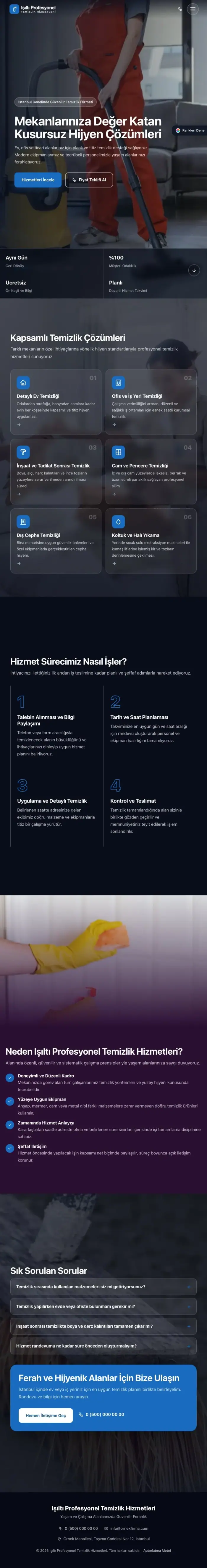 Tam Ekran Mor Mavi – Temizlik Web Sitesi tablet görünümü
