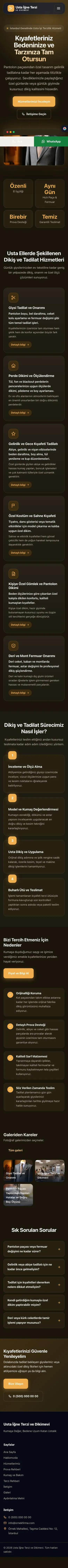 Koyu Modern Kahve Turuncu – Terzi ve Tadilat Web Sitesi mobil görünümü