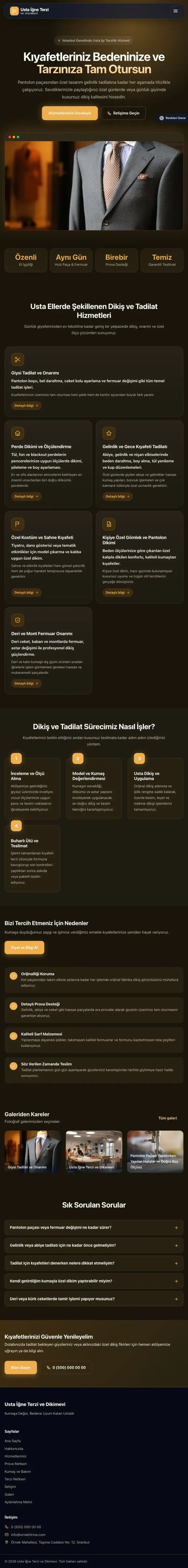 Koyu Modern Kahve Turuncu – Terzi ve Tadilat Web Sitesi tablet görünümü