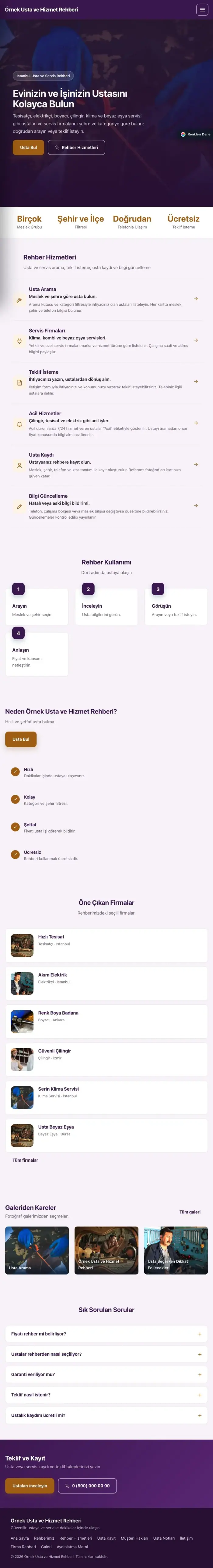 Sol Menü Mor Turuncu – Usta ve Hizmet Rehberi Web Sitesi tablet görünümü