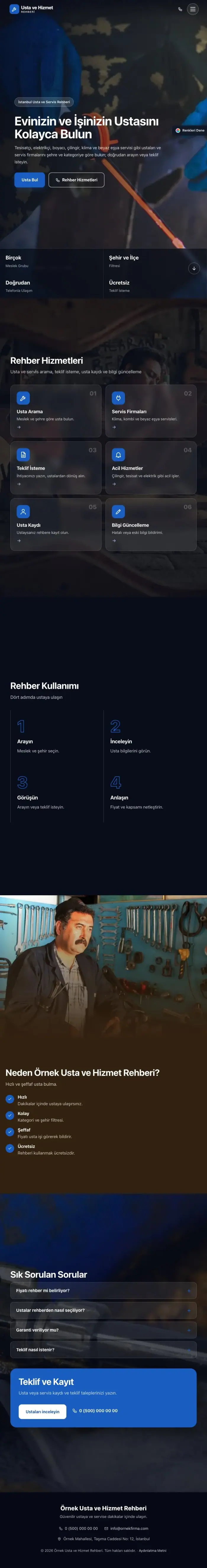 Tam Ekran Kahve Mavi – Usta ve Hizmet Rehberi Web Sitesi tablet görünümü