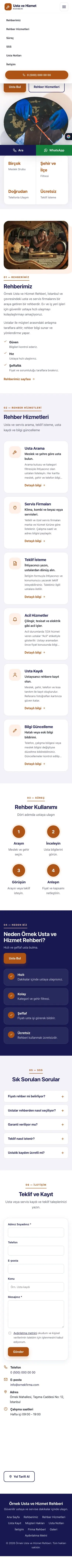 Tek Sayfa Lacivert Turuncu – Usta ve Hizmet Rehberi Web Sitesi mobil görünümü