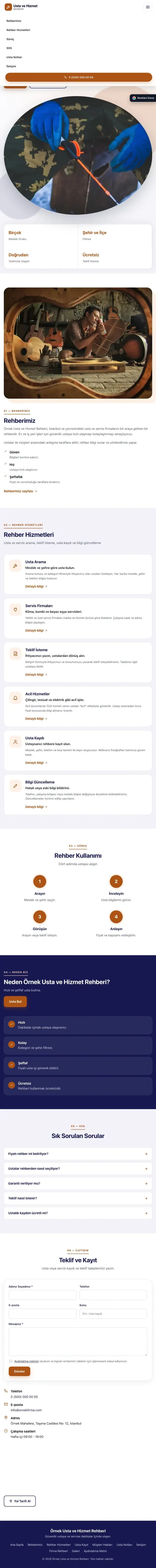 Tek Sayfa Lacivert Turuncu – Usta ve Hizmet Rehberi Web Sitesi tablet görünümü