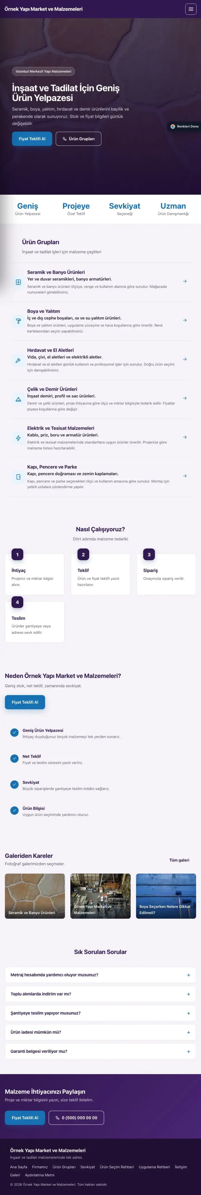 Sol Menü Mor Mavi – Yapı Malzemeleri Web Sitesi tablet görünümü