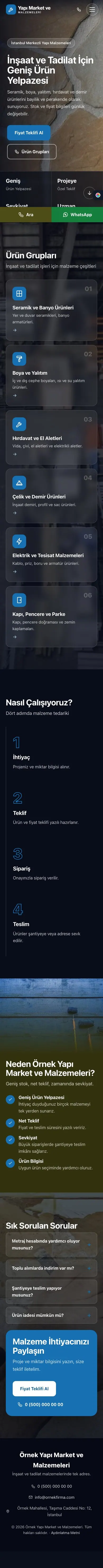 Tam Ekran Zeytin Mavi – Yapı Malzemeleri Web Sitesi mobil görünümü