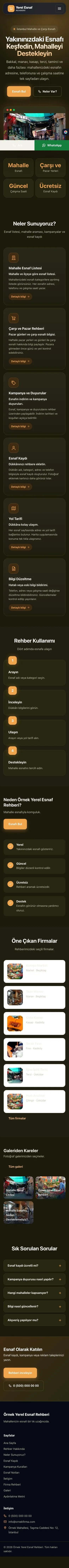 Koyu Modern Zeytin Turuncu – Yerel Esnaf Rehberi Web Sitesi mobil görünümü