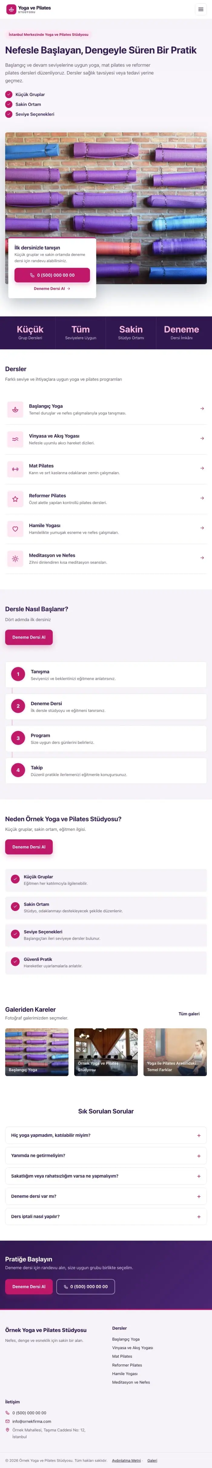 Bölünmüş Mor Pembe – Yoga ve Pilates Web Sitesi tablet görünümü