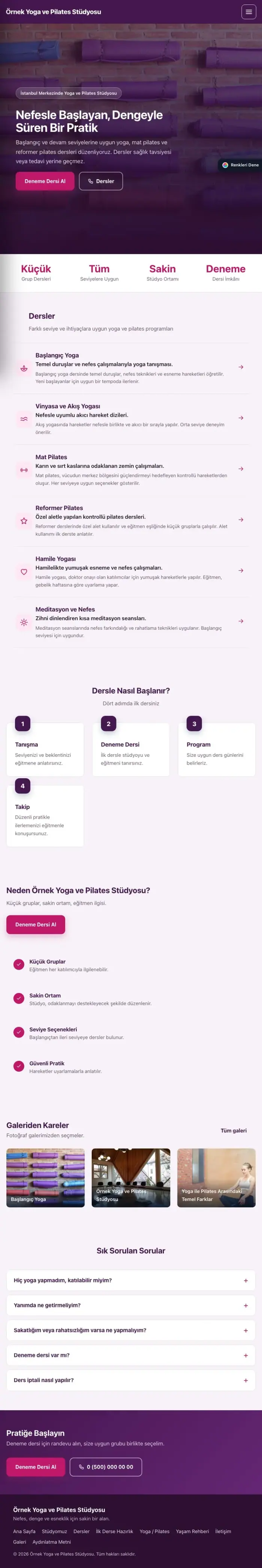Sol Menü Mor Pembe – Yoga ve Pilates Web Sitesi tablet görünümü