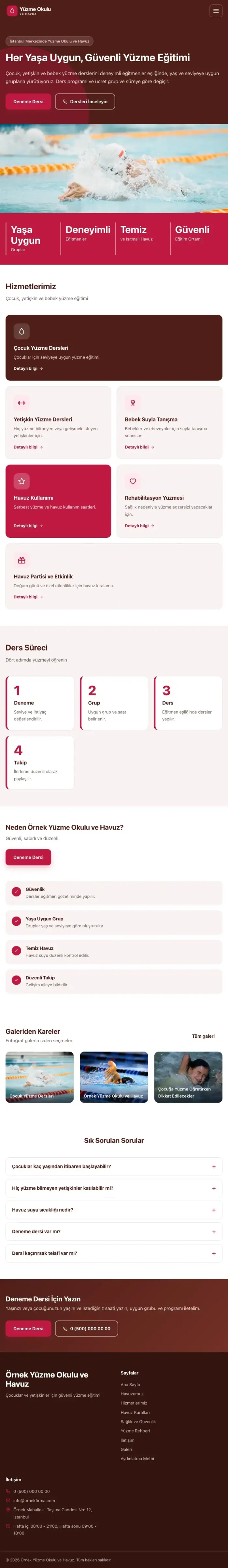 Blok Bordo Kırmızı – Yüzme Okulu ve Havuz Web Sitesi tablet görünümü