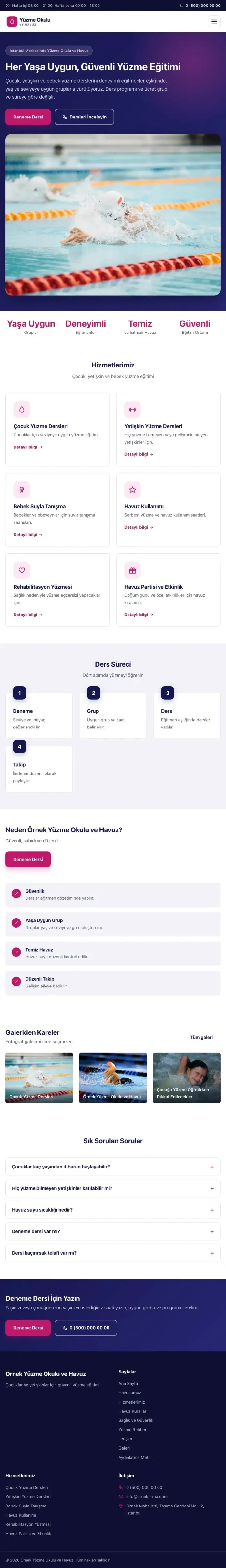 Klasik Lacivert Pembe – Yüzme Okulu ve Havuz Web Sitesi tablet görünümü