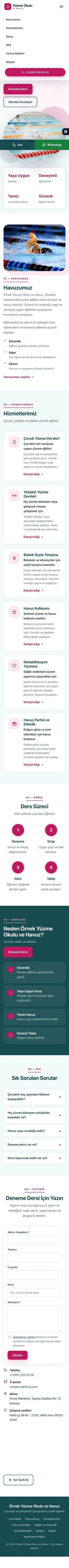 Tek Sayfa Petrol Pembe – Yüzme Okulu ve Havuz Web Sitesi mobil görünümü