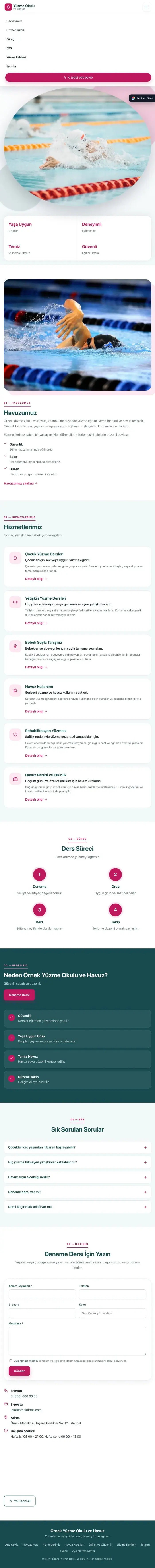 Tek Sayfa Petrol Pembe – Yüzme Okulu ve Havuz Web Sitesi tablet görünümü